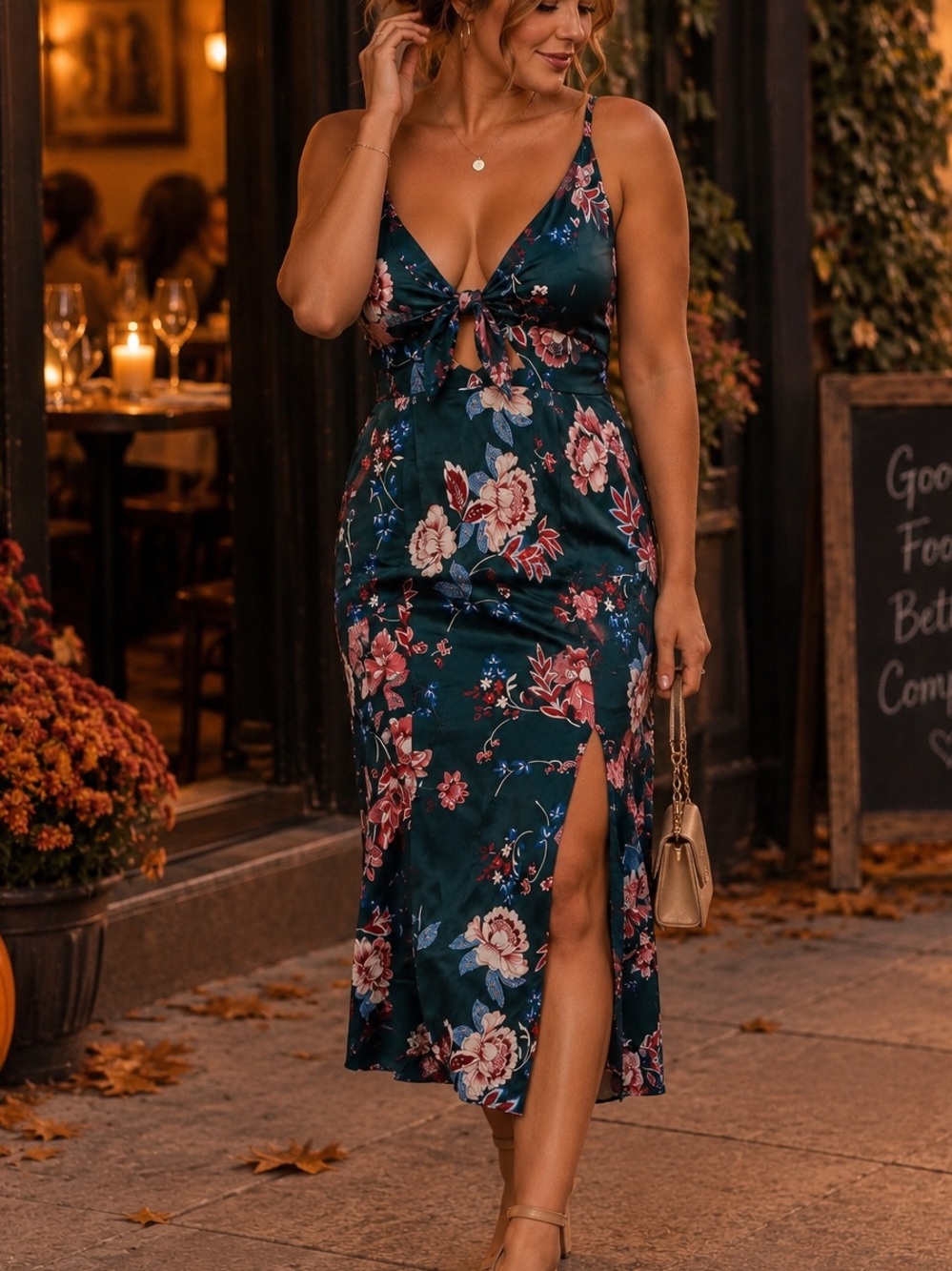 Women’s 2X Teal Floral Midi Dress Cutout Tie Front Side Slit Fall Wedding Guest
